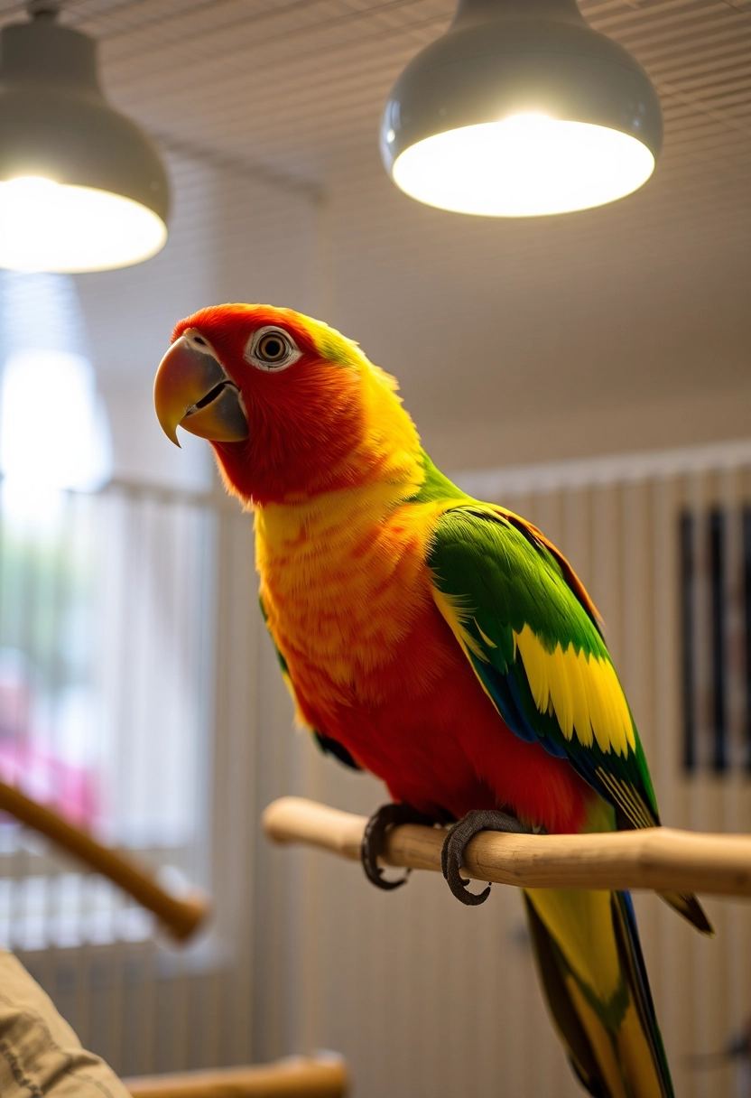 ببغاء ملون في قفص مضاء جيدًا بإضاءة LED مناسبة (float-right)